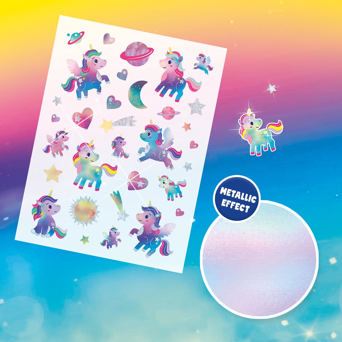 SES Creative Galaxy Unicorn Tattoos met Cosmetische Glitter - 32 Stuks - Voor Meisjes vanaf 5 Jaar - Tattoos Kinderen - Eenvoudig Verwijderbaar - Schoencadeautjes Sinterklaas — cadeau in Hobby - foto 3