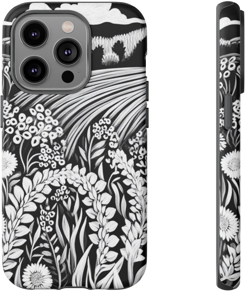 Zwart-Wit Bloemenlandschap met Velden – Telefoonhoesje Geschikt voor iPhone 14 Pro
