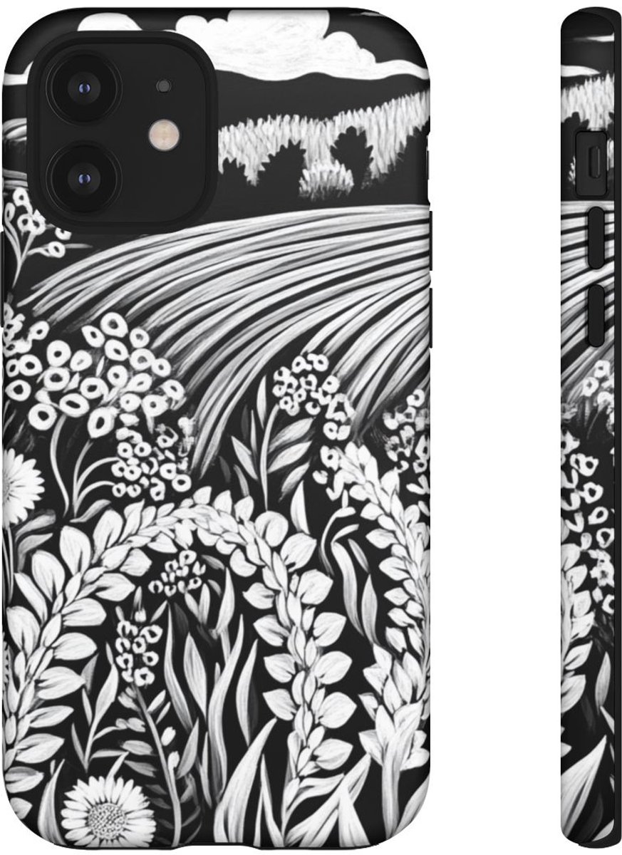 Zwart-Wit Folklore Bloemenlandschap – Telefoonhoesje Geschikt voor iPhone 12