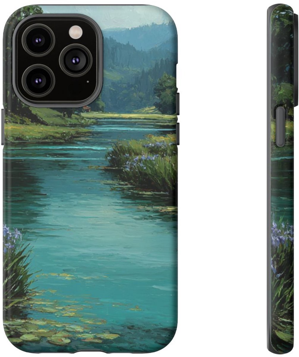 Blauwe Iris Rivierlandschap – Telefoonhoesje Geschikt voor iPhone 14 Pro Max