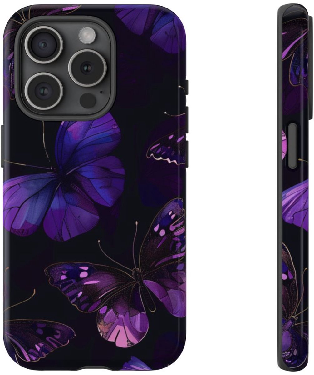 Paars Vlinderpatroon – Telefoonhoesje Geschikt voor iPhone 15 Pro