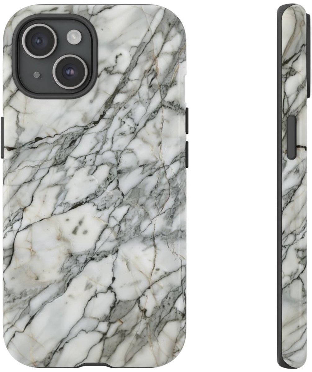 Wit Marmerpatroon met Glanzende Afwerking – Telefoonhoesje Geschikt voor iPhone 15