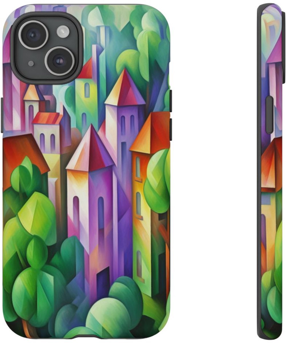 Abstracte Kleurrijke Dorpslandschap – Telefoonhoesje Geschikt voor iPhone 15 Plus