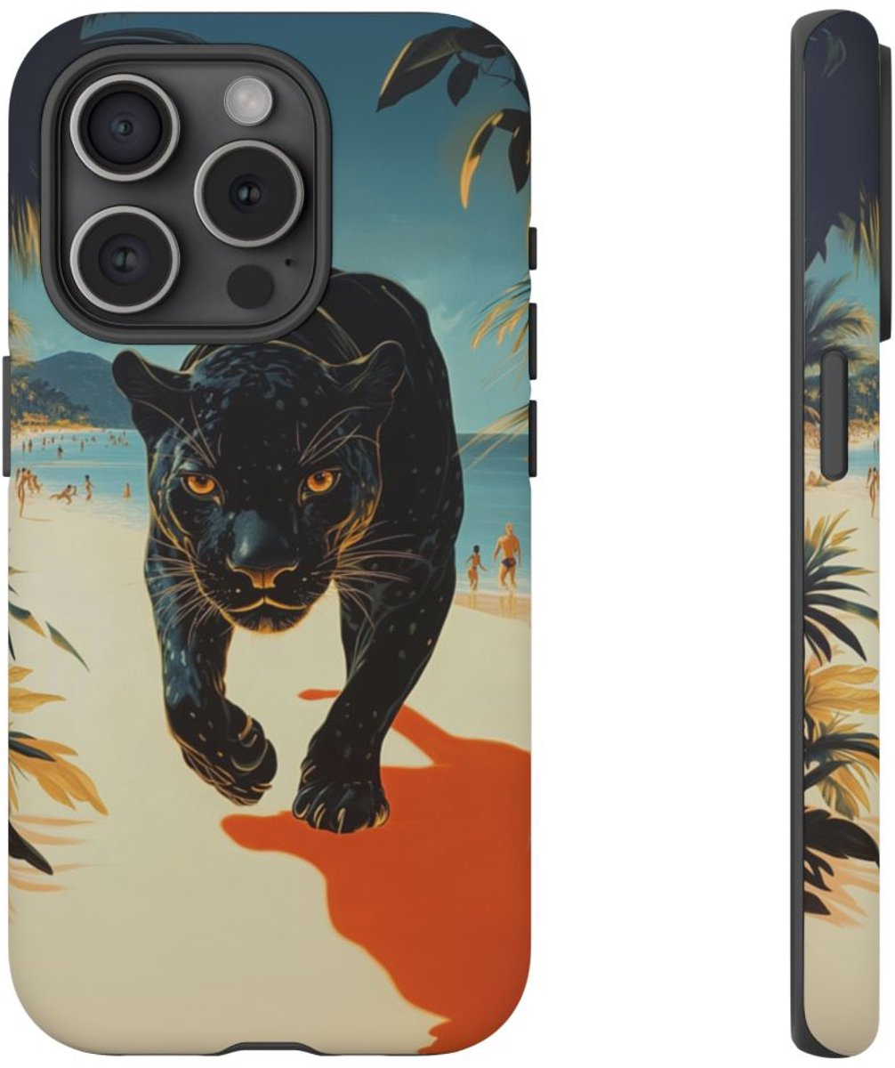 Zwarte Panter op het Strand – Telefoonhoesje Geschikt voor iPhone 15 Pro
