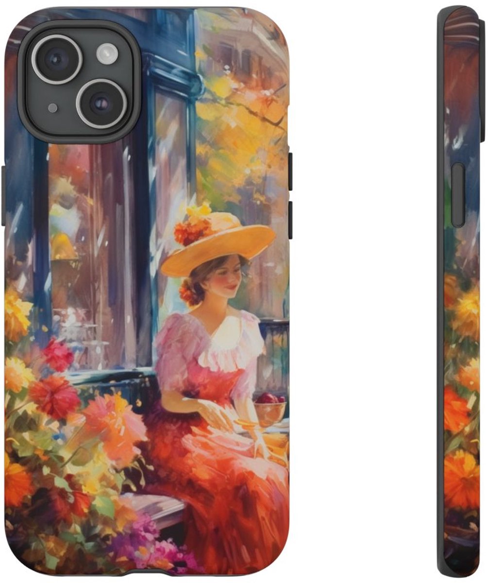 Levendige Bloementuin met Dame – Telefoonhoesje Geschikt voor iPhone 15 Plus