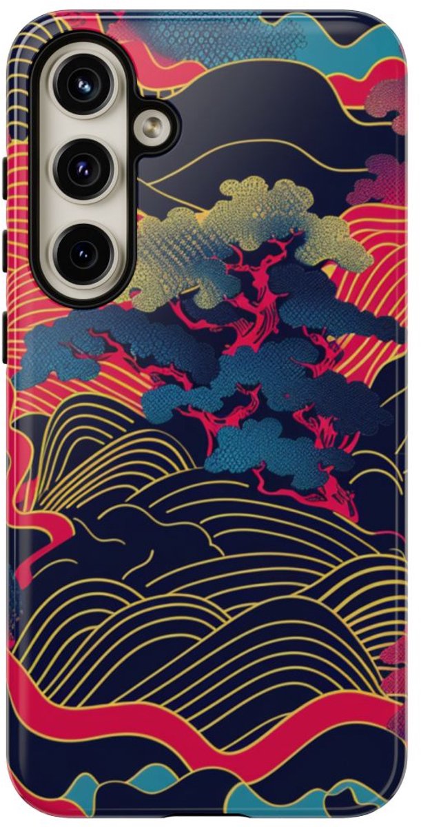 Neon Japanse Landschapspatroon – Telefoonhoesje Geschikt voor Samsung Galaxy S24 Plus