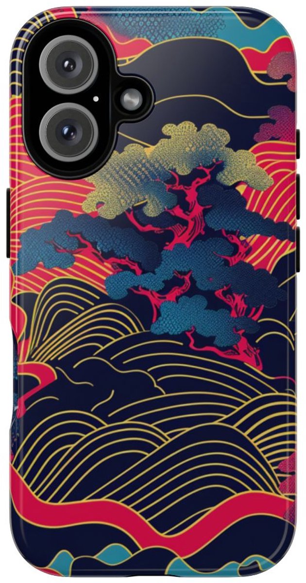 Neon Japanse Landschapspatroon – Telefoonhoesje Geschikt voor iPhone 16