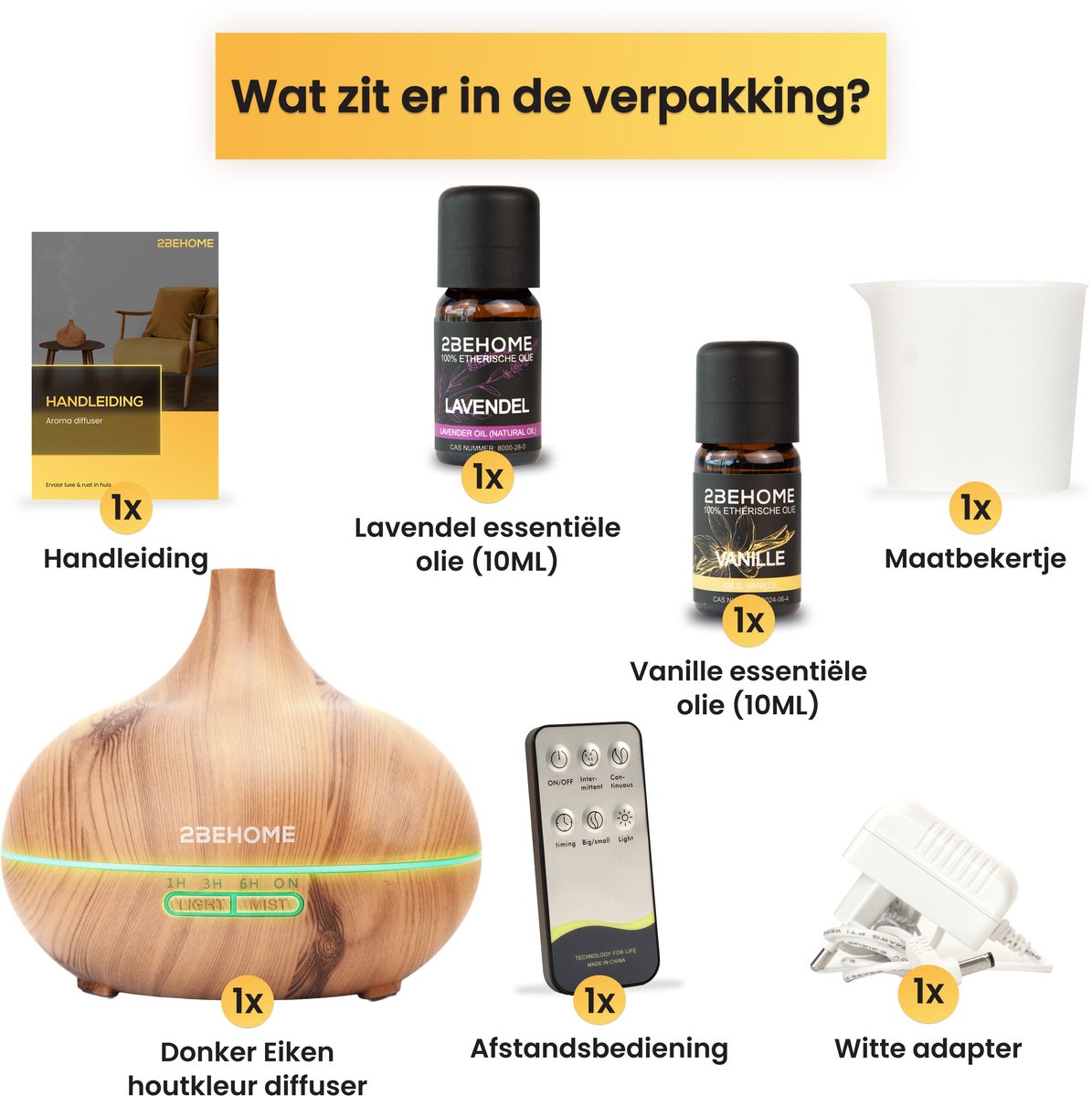 2BEHOME Aroma Diffuser met 2 Etherische Oliën & Afstandsbediening - 550ML - Aroma Diffuser Luchtbevochtiger - Etherische olie diffuser - Essentiele olie Aromadiffusers - Geurverspreider voor Aromatherapie - Lichte Houtlook — cadeau in Wonen & Interieur - foto 7