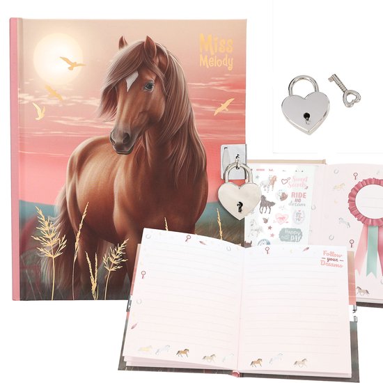 Roze dagboek met paardenprint, hartvormig slot en sleutel.