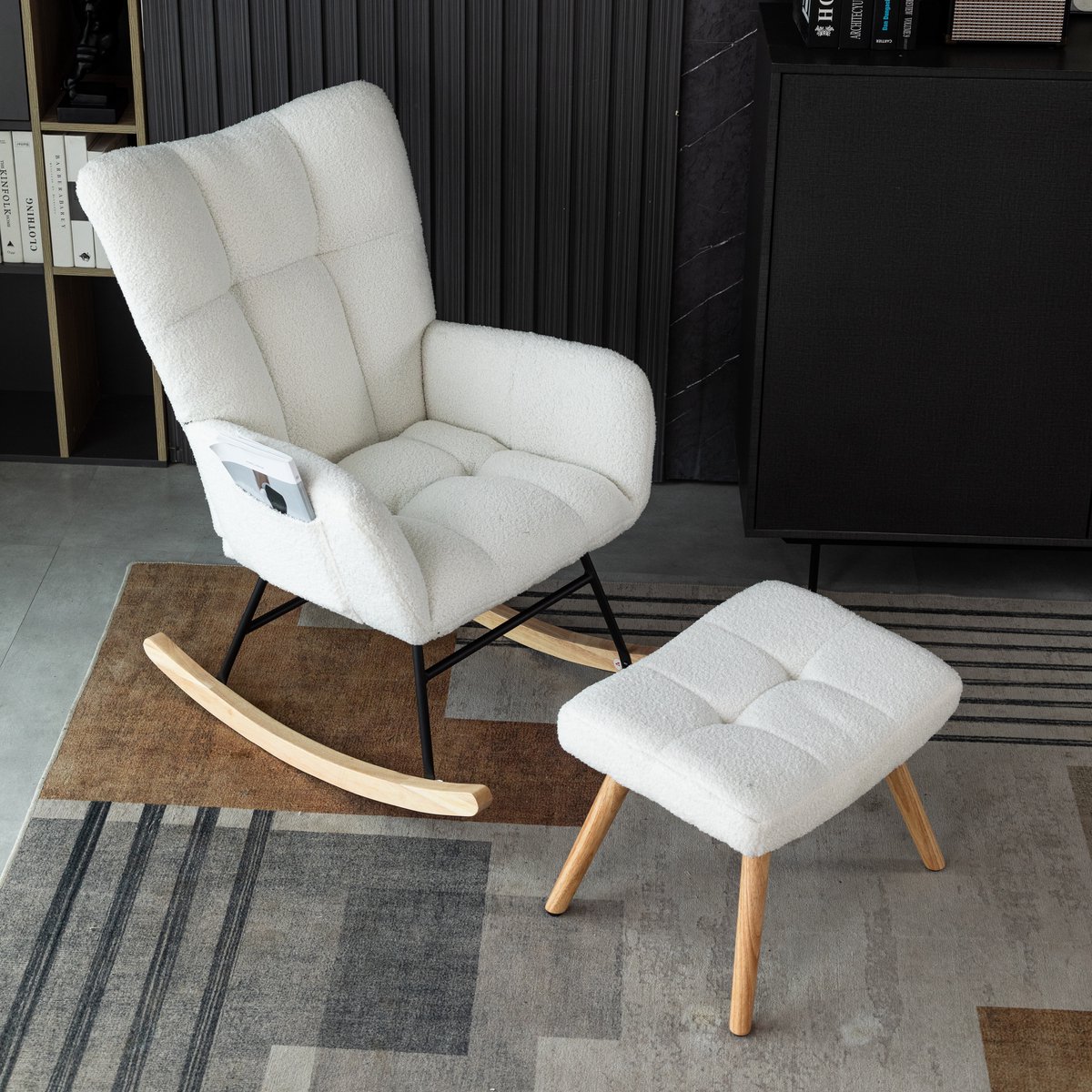 Pugsdrly Ergonomische witte schommelstoel, hoogte 92 cm, zitbreedte 65 cm - inclusief voetenbank (49*38*38 cm), stabiel rubberen houten frame, belastbaar tot 250 lbs, schommelstoel met beugels, loungestoel