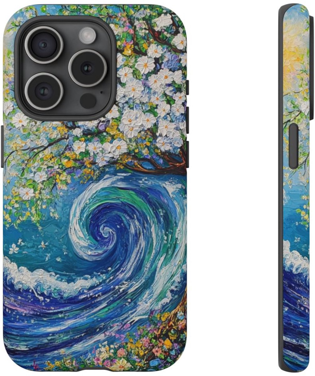 Bloemrijke Boom en Oceaangolf Schildering – Telefoonhoesje Geschikt voor iPhone 15 Pro