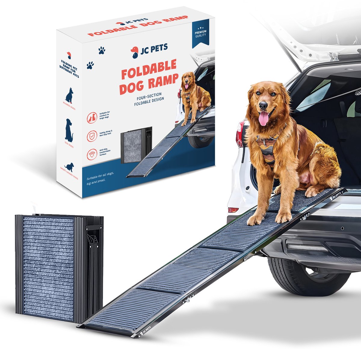 JC Pets Hondentrap - Hondenloopplank voor Auto – Hondentrapje voor Hond - Opvouwbare Loopplank voor Grote Honden - Lichtgewicht Aluminium – Antislip Tapijt – Tot 113 kg Draagkracht – Inklapbaar & Draagbaar – Met Veiligheidsriem – Grijs/Zwart