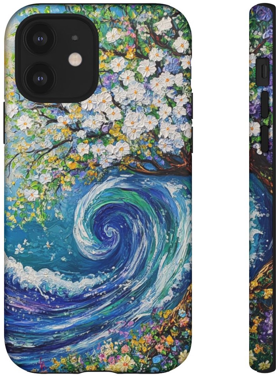Bloeiende Boom en Oceaangolf Schildering – Telefoonhoesje Geschikt voor iPhone 12