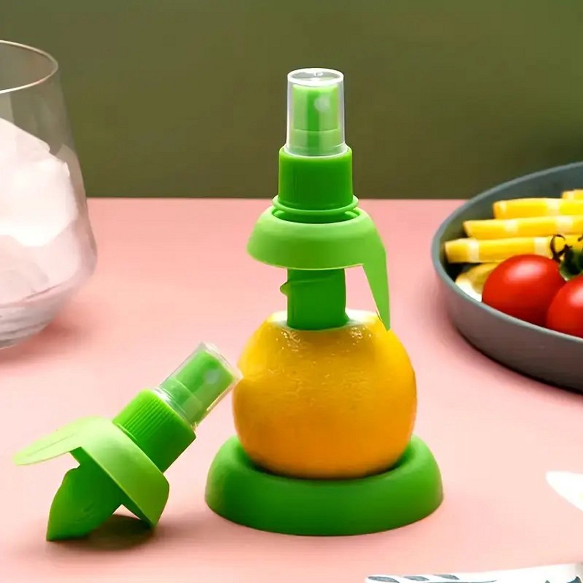 K&R Ventures® Citrusspuit – 3 Stuks Citroenspuit & Limoenspuit met Onderzetter – Voor Salades, Zeevruchten & Dranken – Groen Keukengereedschap
