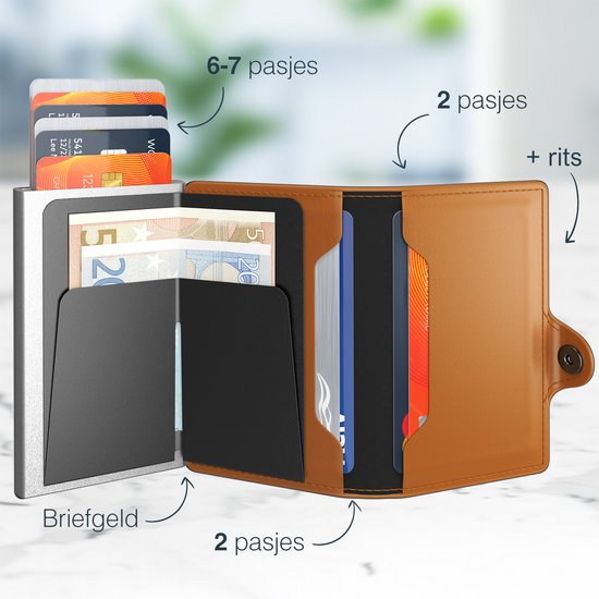 Hëndig Porte-Cartes Homme - Marron avec fermeture éclair - 11 cartes + Factures Porte-Carte de Crédit RFID - Porte-Carte Femme - Porte-Carte Extensible - Inc. Emballage cadeau de Luxe