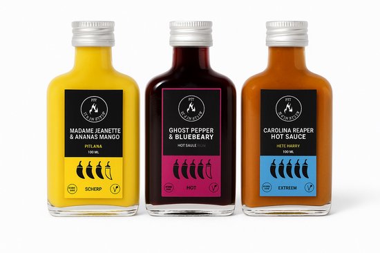 Saus Met Pit Hete Sauzen Pakket - Carolina Reaper, Habanero & Ananas, Ghost pepper & Bosbessen - 3 x 100ml