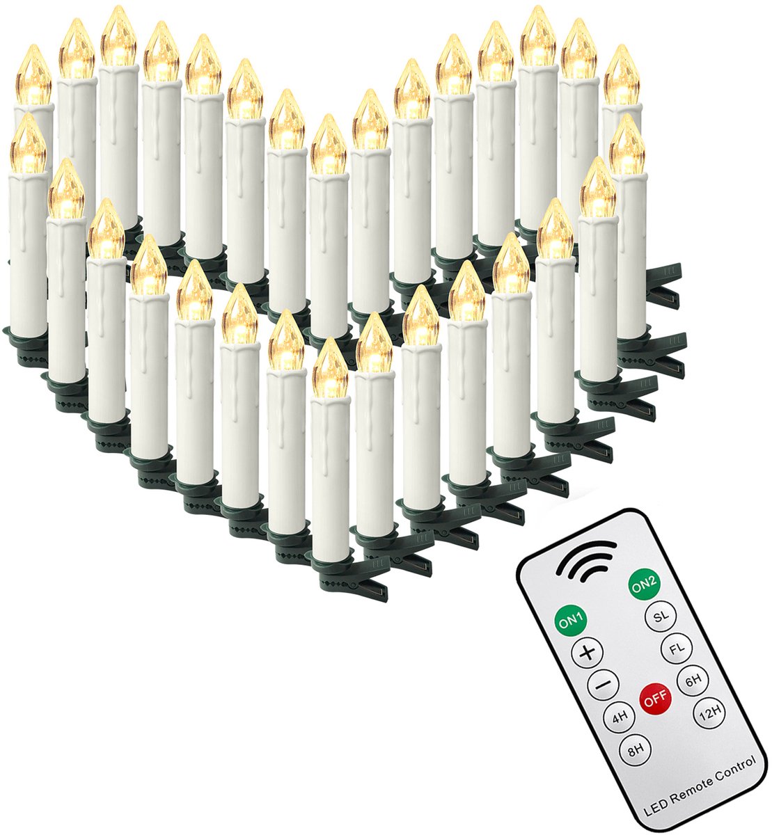 NAIZY 30x LED Kaarsen Kerstkaarsen draadloos warm wit Kerstkaars met timerfunctie afstandsbediening Kerstkaarsen LED kaars met clip, voor feestdecoratie bruiloft feest, zonder Batterij
