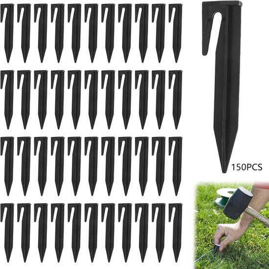150x zwarte grondpennen 8,5 cm PP tentharingen voor robotsmaaier grensdraad, tuinfolie en doeken