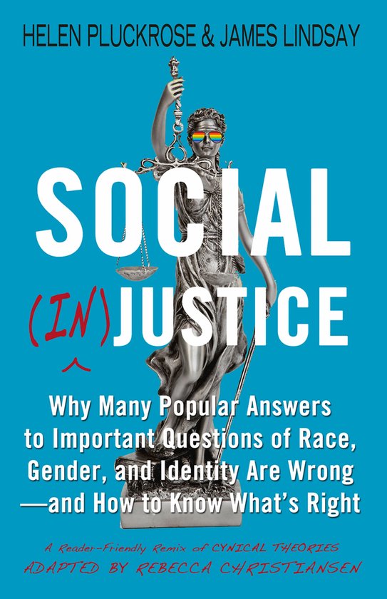Couverture du livre 'Social (In)justice' montrant une statue de Lady Justice portant des lunettes arc-en-ciel.