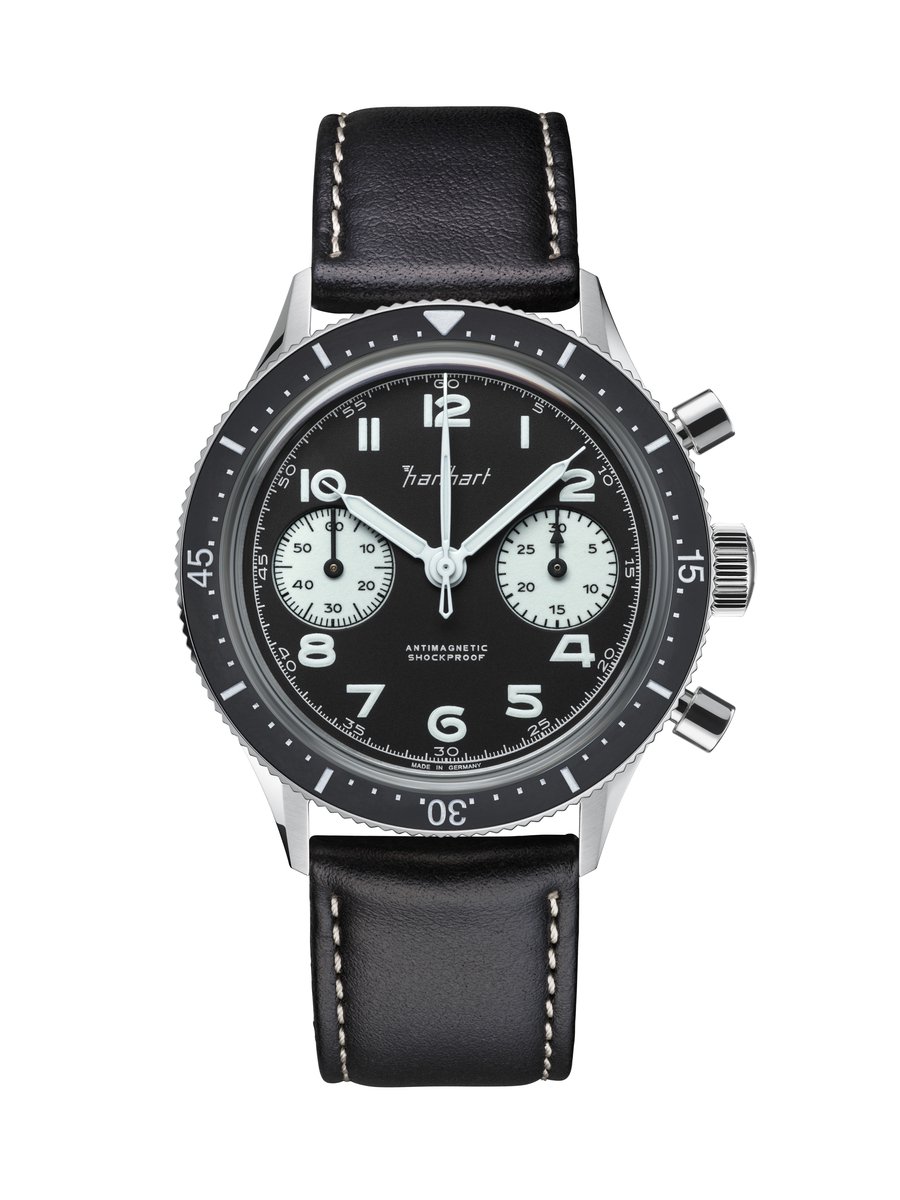 Hanhart 415 ES 39 Reverse Panda - Horloge - zwarte lederen band - leder - 39 mm