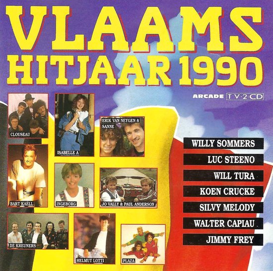 Vlaams Hitjaar 1990 albumhoes met foto's van artiesten waaronder Clouseau, Isabelle A en Erik Van Neygen & Sanne.