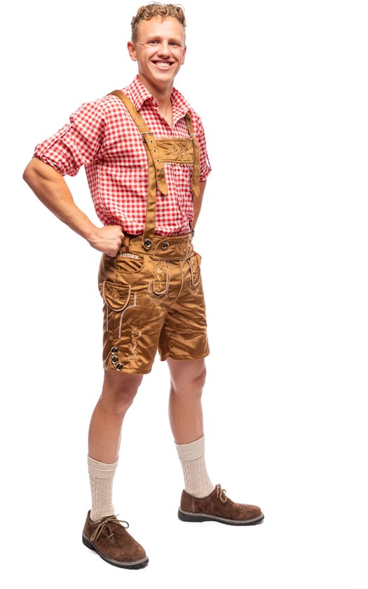 Samex® - Lederhosen Man + Blouse - Compleet Oktoberfest Kostuum Heren - Korte Lederhose - Verkleedkleren mannen - Carnavalskleding - Bruin/Rood - Maat S