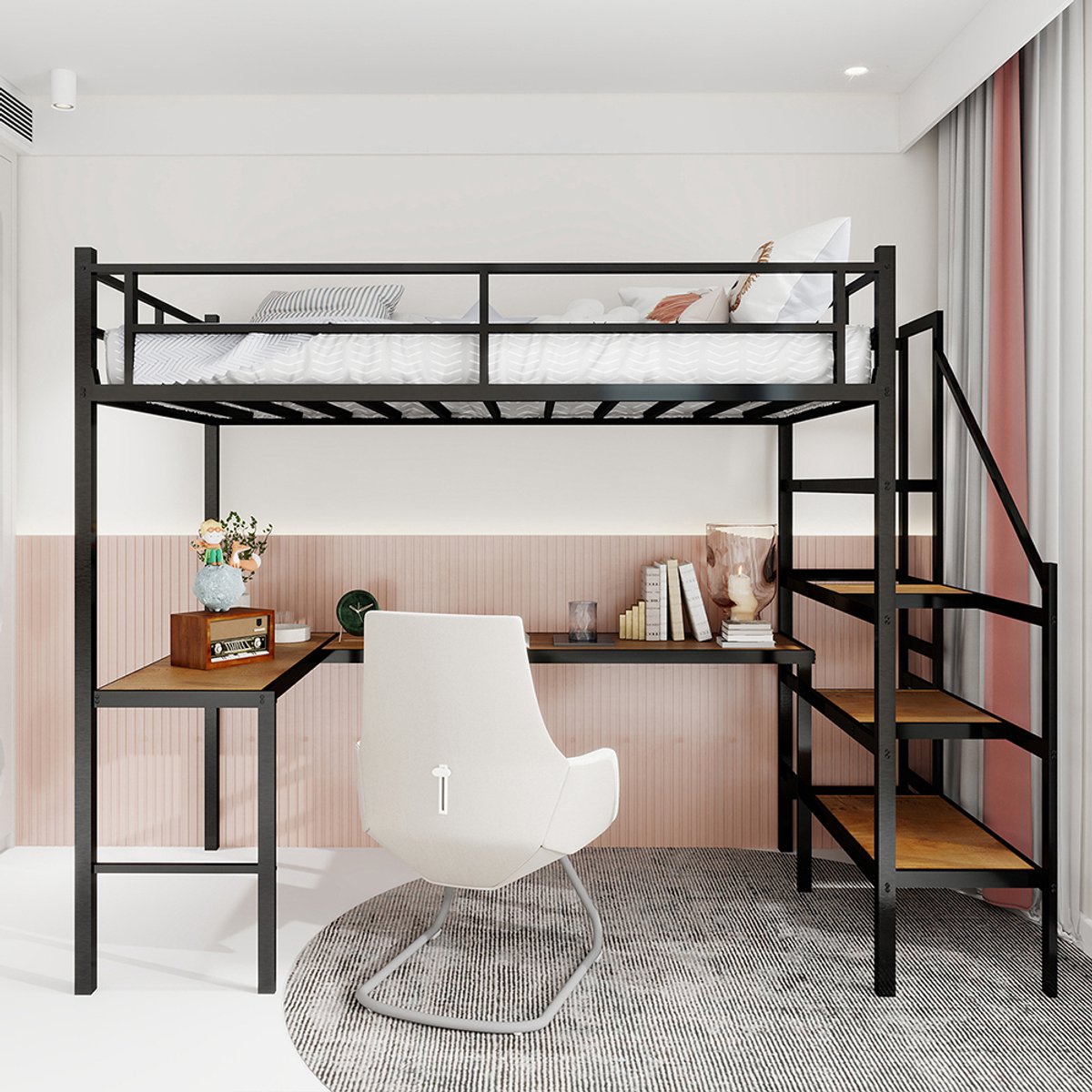 Pugsdrly Stapelbed met L-vormig bureau, veel opbergruimte en vakken, stabiel bedframe met trap, doorlopende veiligheidsrail, ruimtebesparend, geruisloos, geen veren nodig Zwart