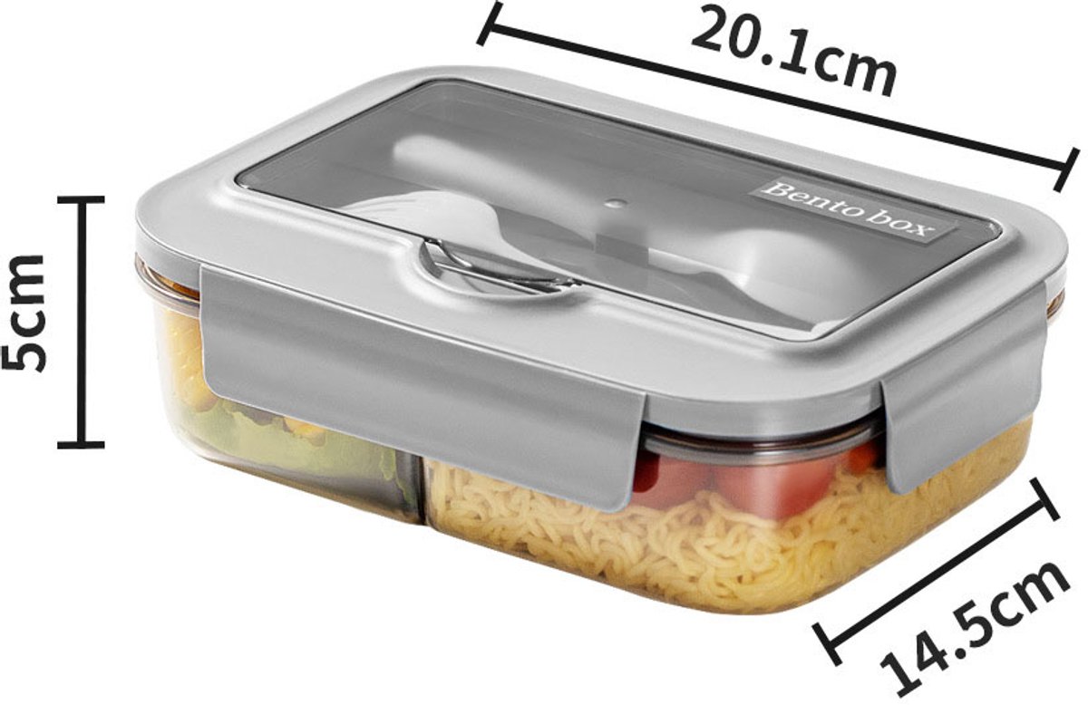 Broodtrommel - broodtrommel lunchbox volwassenen - Lunchboxen kinderen - Lunchbox met vakjes - Herbruikbare lunchbox - Boxcontainer met 2 compartimenten - Geïsoleerde - Afsluitbare - Draagbare - Kan in de magnetron worden verwarmd (grijs) — cadeau in Koken & Dineren - foto 2