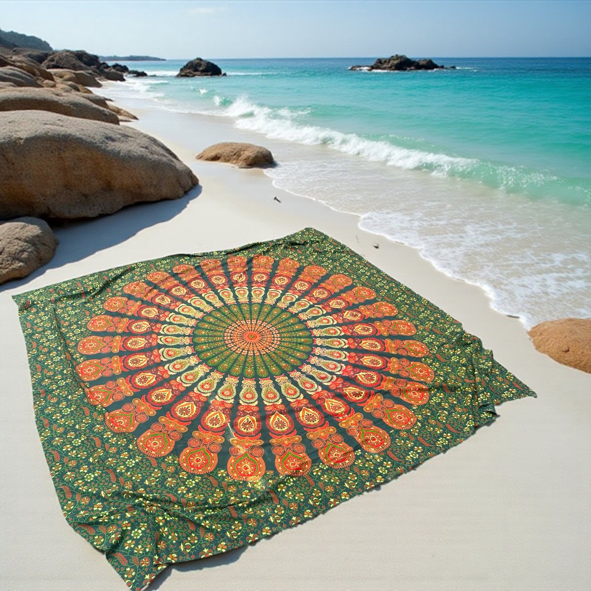 XL strandkleed - Tweepersoons strandlaken - Extra groot strandlaken - groot strandkleed - Groen/oranje/blauw - Mandala stranddoek