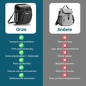 Vergelijking van Vebics fiets stuurtas met andere tas. De Vebics tas toont telefoonhouder, 100% waterbestendig, opbergvak, past op fiets, schoudertas functie, reflecterende elementen.