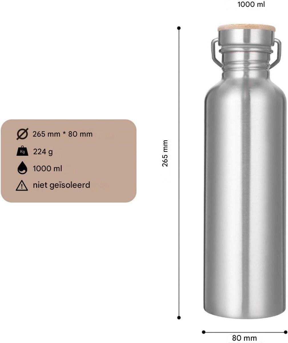 TOVBMUP RVS waterfles - 1 liter - Niet geïsoleerd - Enkelwandig - Lekvrij - Metalen waterfles - Drinkfles voor buiten - Ideaal voor op reis, sport en school thumbnail 4