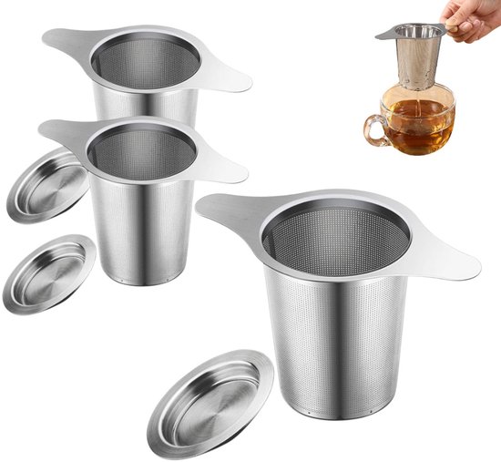 Set van 3 zilverkleurige theezeefjes van roestvrij staal, elk met een deksel.