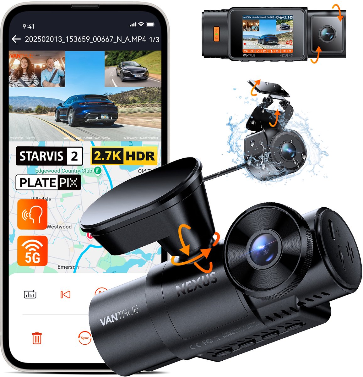 Vantrue N4S 3-kanaals dashcam (voor, binnen, achter), 2.7K+1440P+1440P WiFi-dashcam met PlatePix™, STARVIS 2 x HDR x IR-nachtzicht, spraakbediening, GPS, 24/7 parkeermodus, LTE-ondersteuning, ondersteunt tot 1TB max.