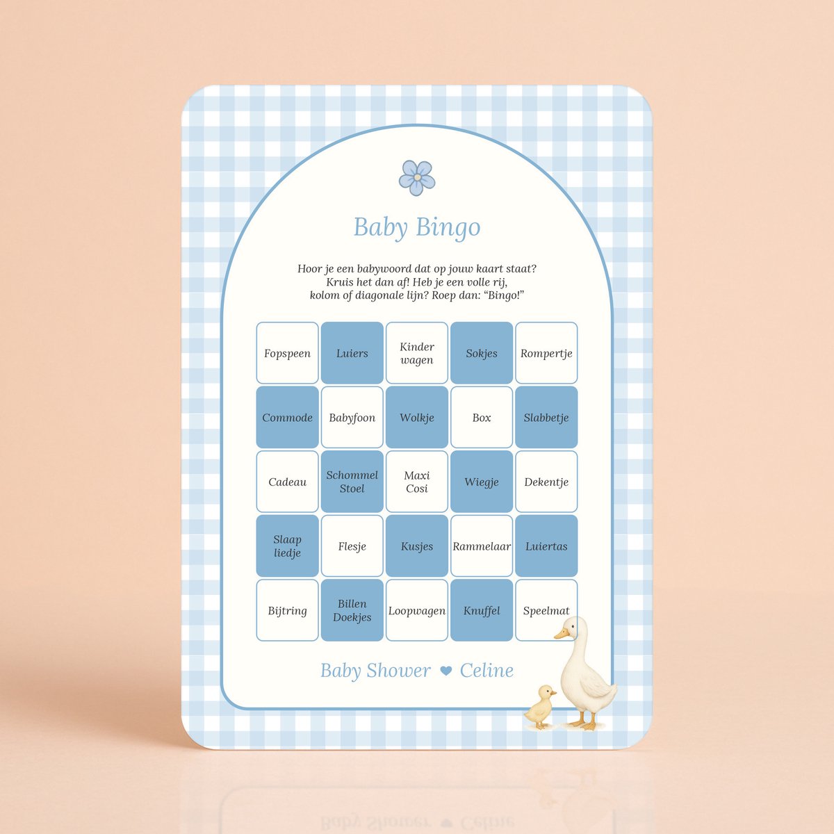 Gepersonaliseerde Babyshower invulkaarten - Baby Bingo - Gingham Blauw met Gansje - 20 Stuks - Babyshower Cadeau
