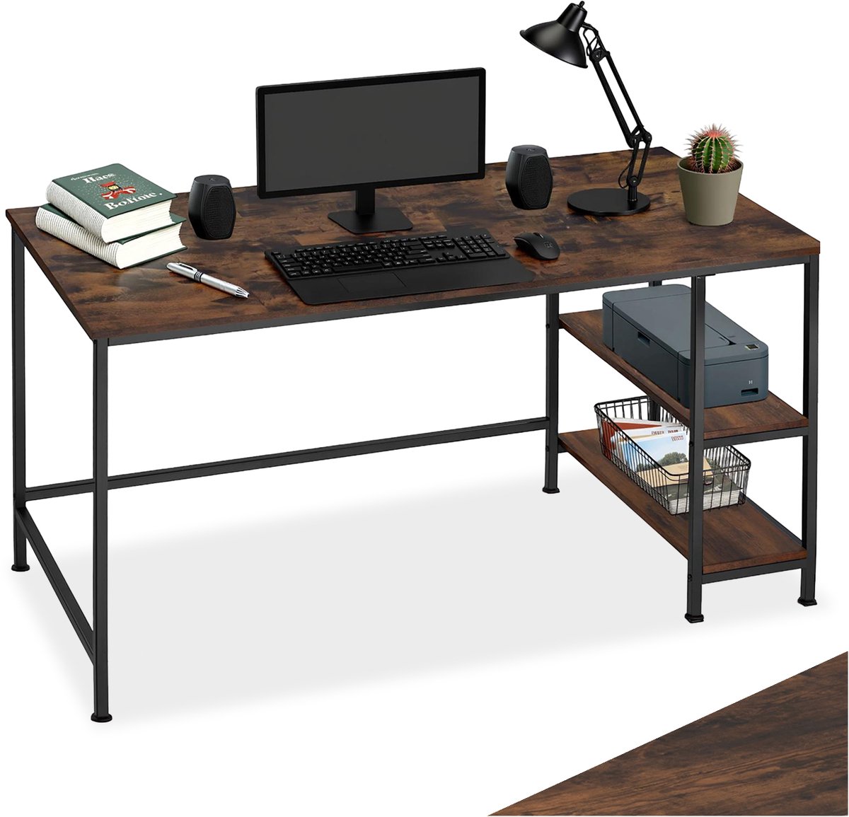 tectake® Bureau met bergruimte - Computerbureau met 2 planken - Bureautafel van hout en metaal - Industrieel design - Zwart metalen frame - Afmetingen (LxBxH) 120 x 60 x 75,5 - Donkerbruin