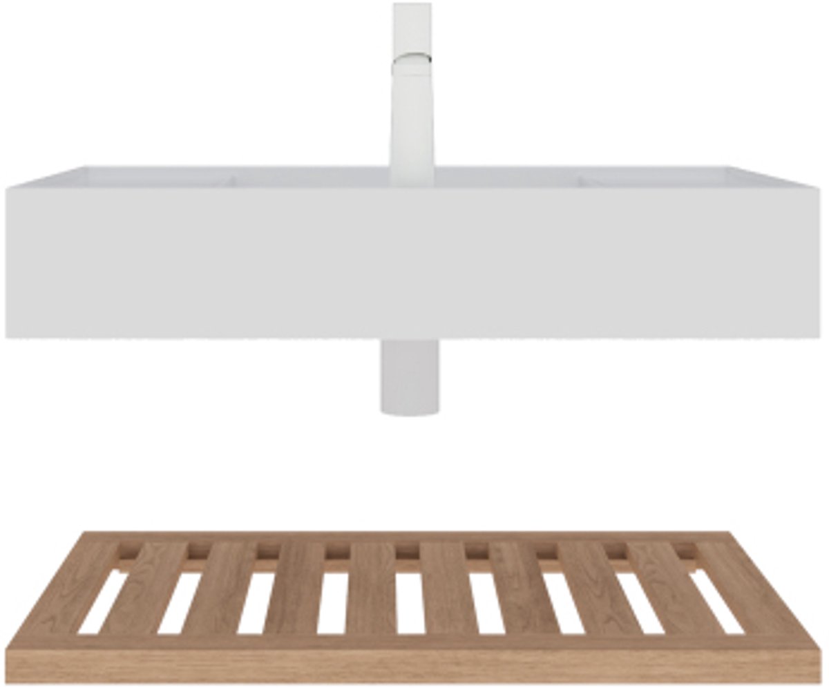 LEDE 75cm badkamermeubel wastafel, wastafelmeubel, hangende witte rechthoekige acryl wastafel, gestreepte planklaag, kraan niet inbegrepen, natuurlijke houtnerfkleur