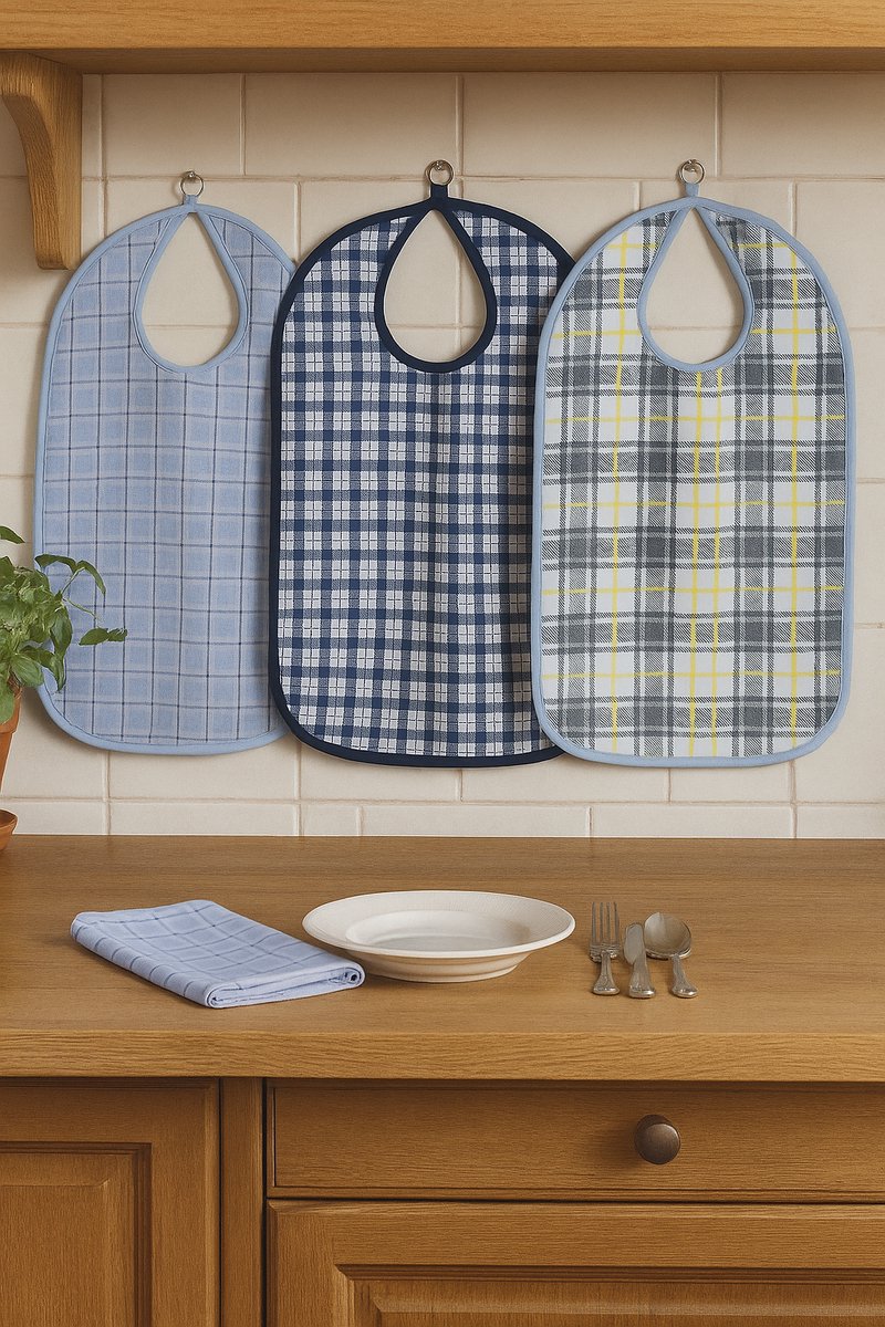 Image of 3 stuks wasbare slab voor volwassenen, slabben voor ouderen , grote slabben voor senioren in blauw geruit, assortiment 3 kleuren