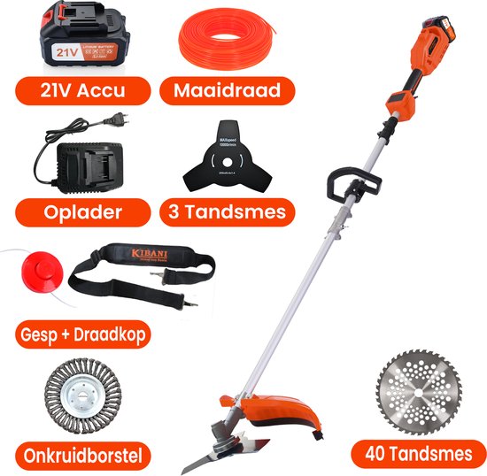 Foto: Kibani accu bosmaaier incl 21v accu en oplader elektrische bosmaaier met 15cm onkruidborstel met maaidraad zaagblad en draadkop grastrimmer kantenmaaier