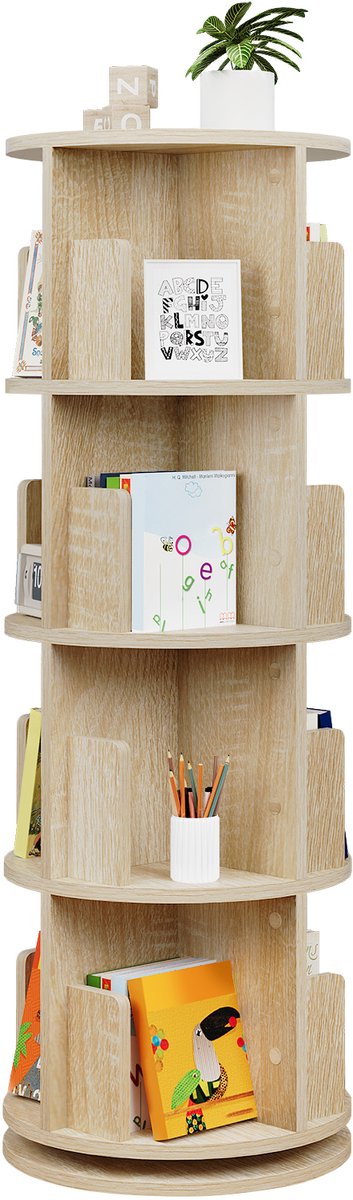 Aiverig® Roterende Boekenkast – Draaibare 360° Boekenrek met 16 Vakken – 4 Niveaus Organizer – Ruimtebesparende Smalle Boekenplank – E1 Kwaliteitshout – Bruin – Ø44×127,4 CM