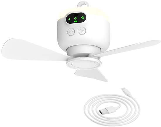 Draagbare Oplaadbare Campingventilator 4 Snelheden Met Licht, Timer, Haak & Afneembaar Ventilatorblad