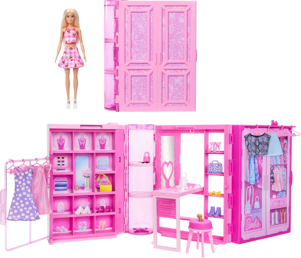 Barbie Super Kledingkast – Modepop met 25+ Stukken, Roze Glitterkast & Kaptafel — afbeelding 2