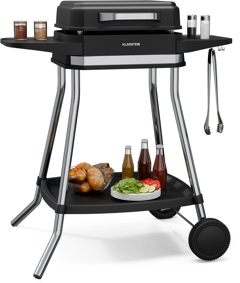 Klarstein Barbecue Gatsby elektrische grill 3050 W - Binnen & Buiten, Rookvrij EasyGrill concept, Grillplaat met antiaanbaklaag, Tot 240 °C, Stand met zijtafels - 49 cm - voor Terras - voor Balkon - Aluminium - BBQ - Tafelgrill