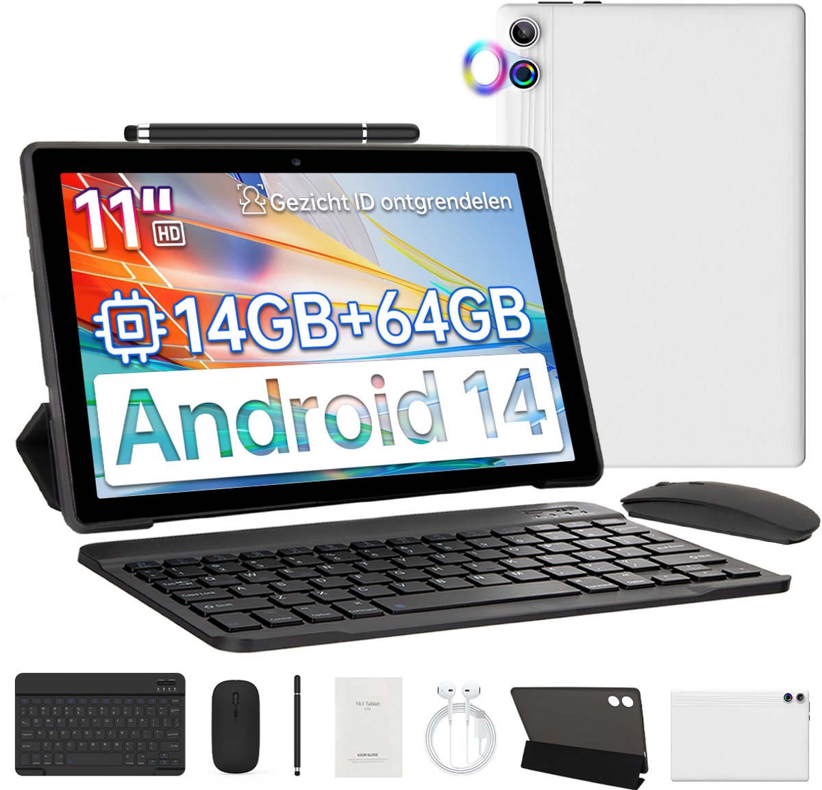 kotsren A7L - Android 14 Tablet - 11 inch - 14(3+11)GB RAM/64GB ROM– Met Toetsenbord, Muis, Oordopjes & Bescherming - Wit