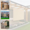 Beige schaduwdoek opgehangen aan een pergola boven een lounge set. Kleinere afbeeldingen tonen het schaduwdoek in verschillende tuinsituaties.