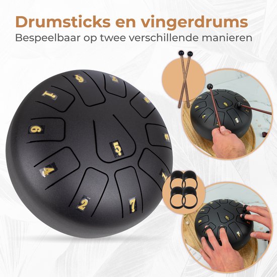 Nuvance Handpan - Incl. Lesboek, Vingerdrums en Opbergtas - Tongue Drum - Handpan Drum - Steel Tongue Drum - Zwart van Merkloos — afbeelding 5