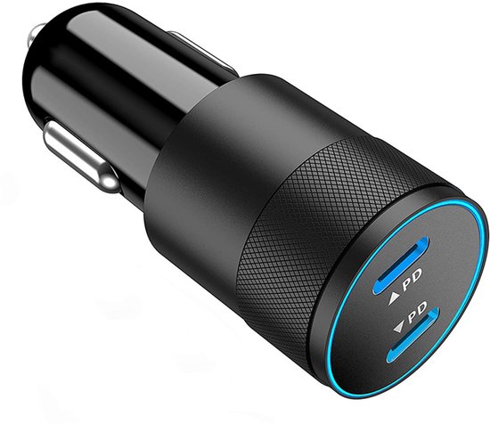 Zwarte autolader met twee USB-C PD-poorten en blauwe LED-ring.