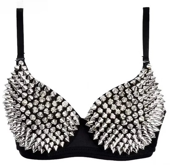 Zwarte bustier bh versierd met zilveren spikes op de cups en bandjes. Strapless uiterlijk.
