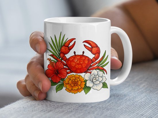Krab met bloemen mok, tropische mok, zomer mok, unieke mok, cadeau voor krabliefhebbers, strand thema mok