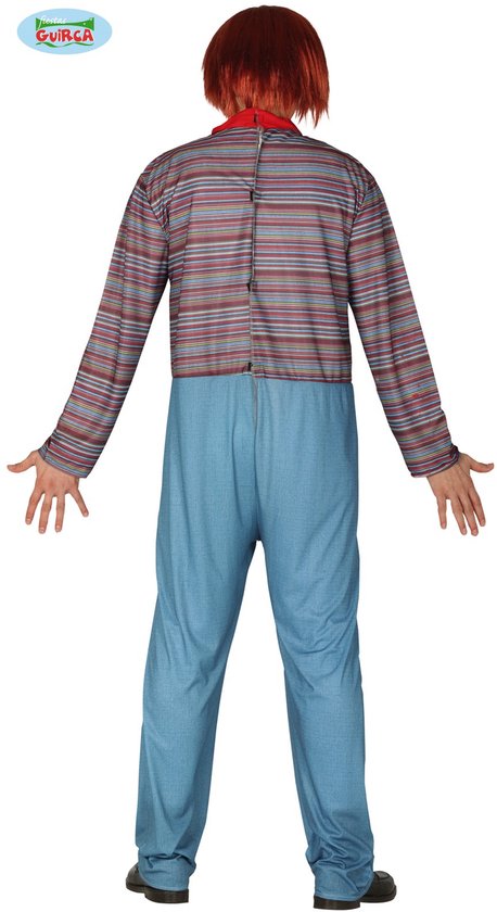 Achterkant van een geklede pop kostuum met gestreept shirt en blauwe broek, met rode sluiting op de rug.