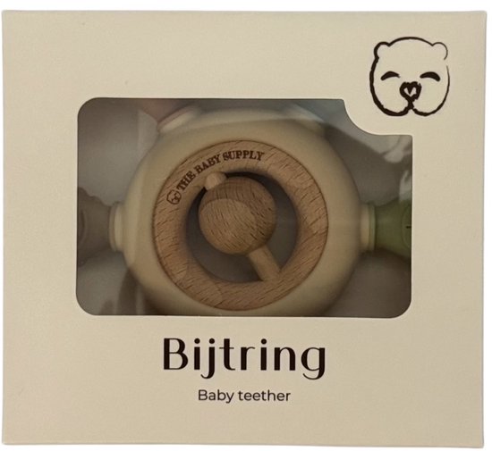 Doos met 'Bijtring Baby teether' en een beer-icoon. De gebroken witte bijtring met houten middenstuk is zichtbaar.